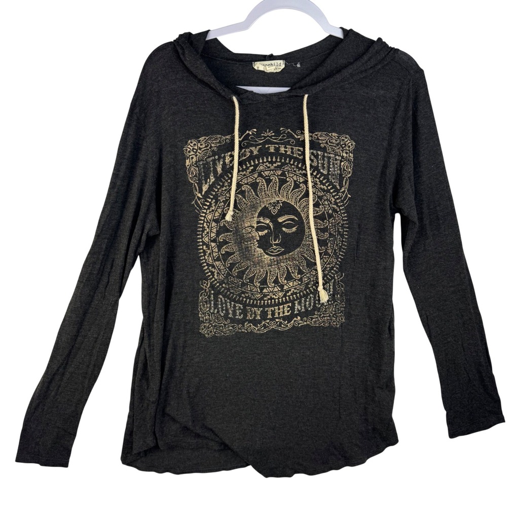 Moonchild Live By The Sun Love By The Moon Graphic Hoodie Long Sleeve Tee Gray L